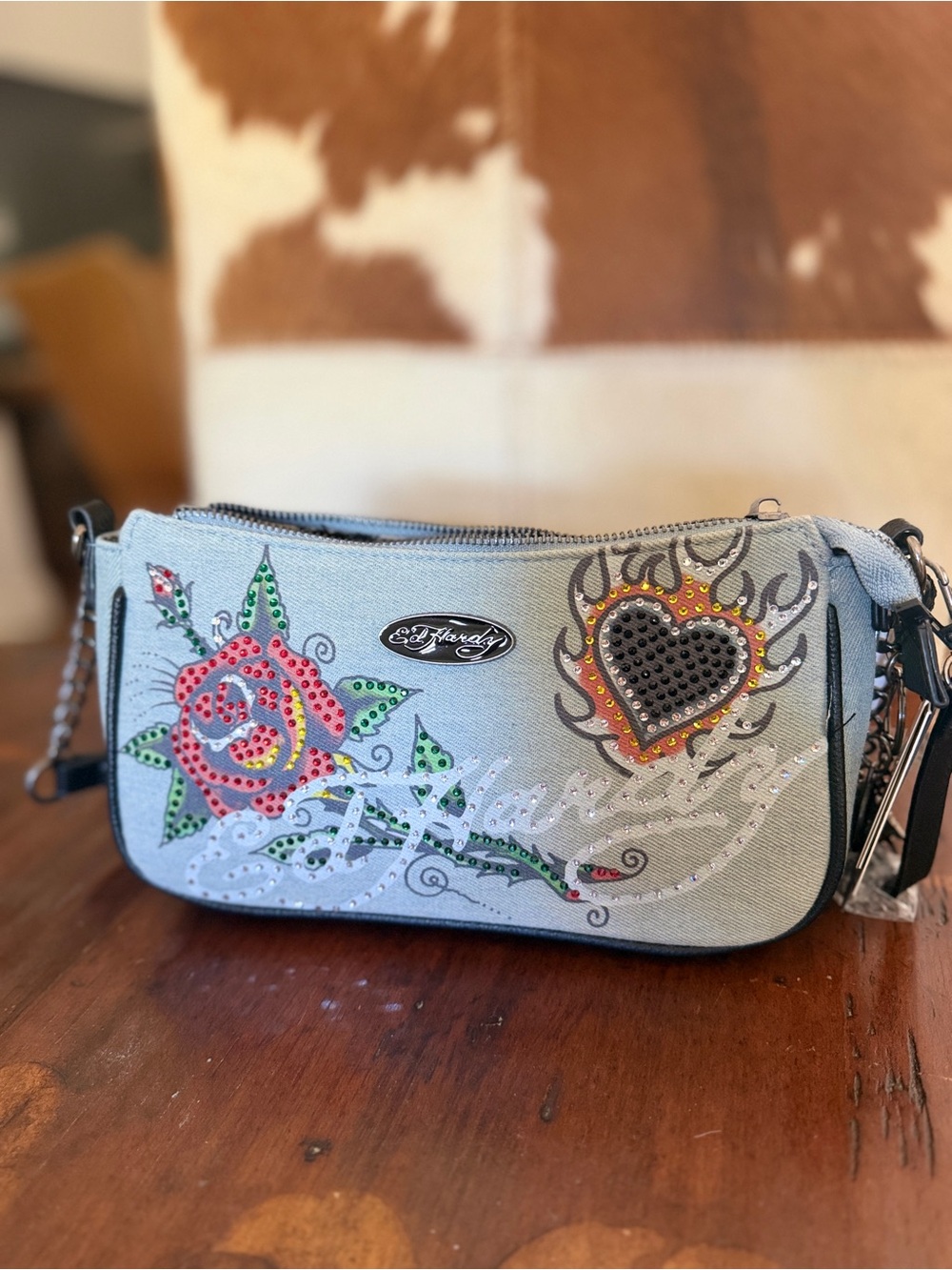 Ed Hardy Light Gray Rose & Heart Studded Mini Shoulder Bag